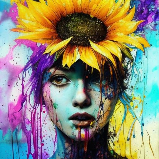 Vibrant Sunflower Ink Splash Art in 3D