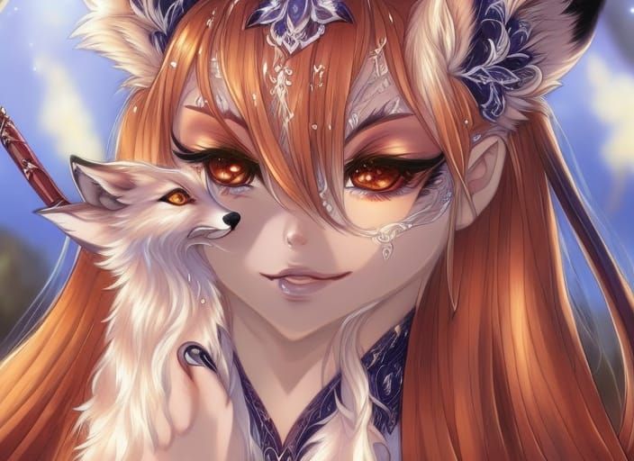 Enchantress and Fox in Starlit Meadow: Anime Illustration