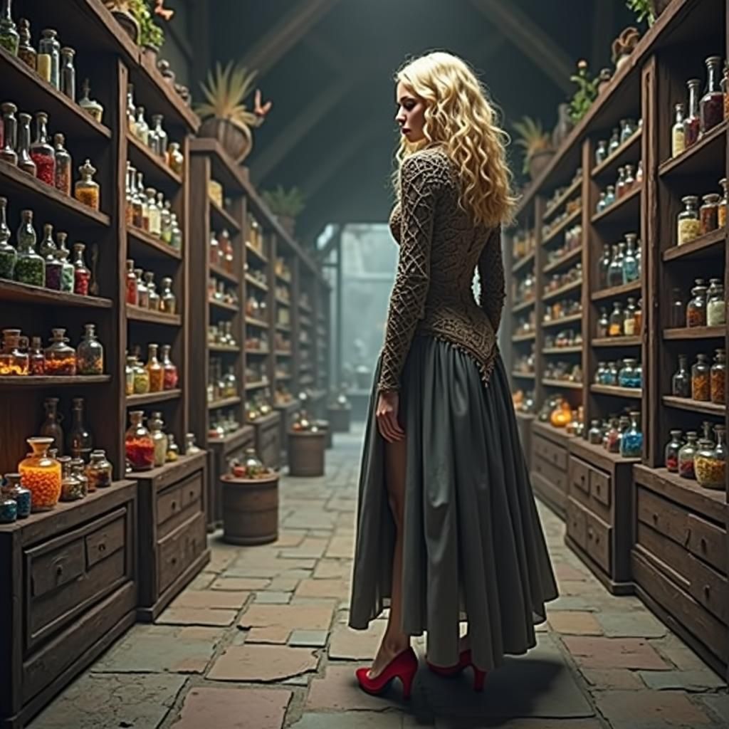 Ethereal Blonde Woman Shopping for Potions