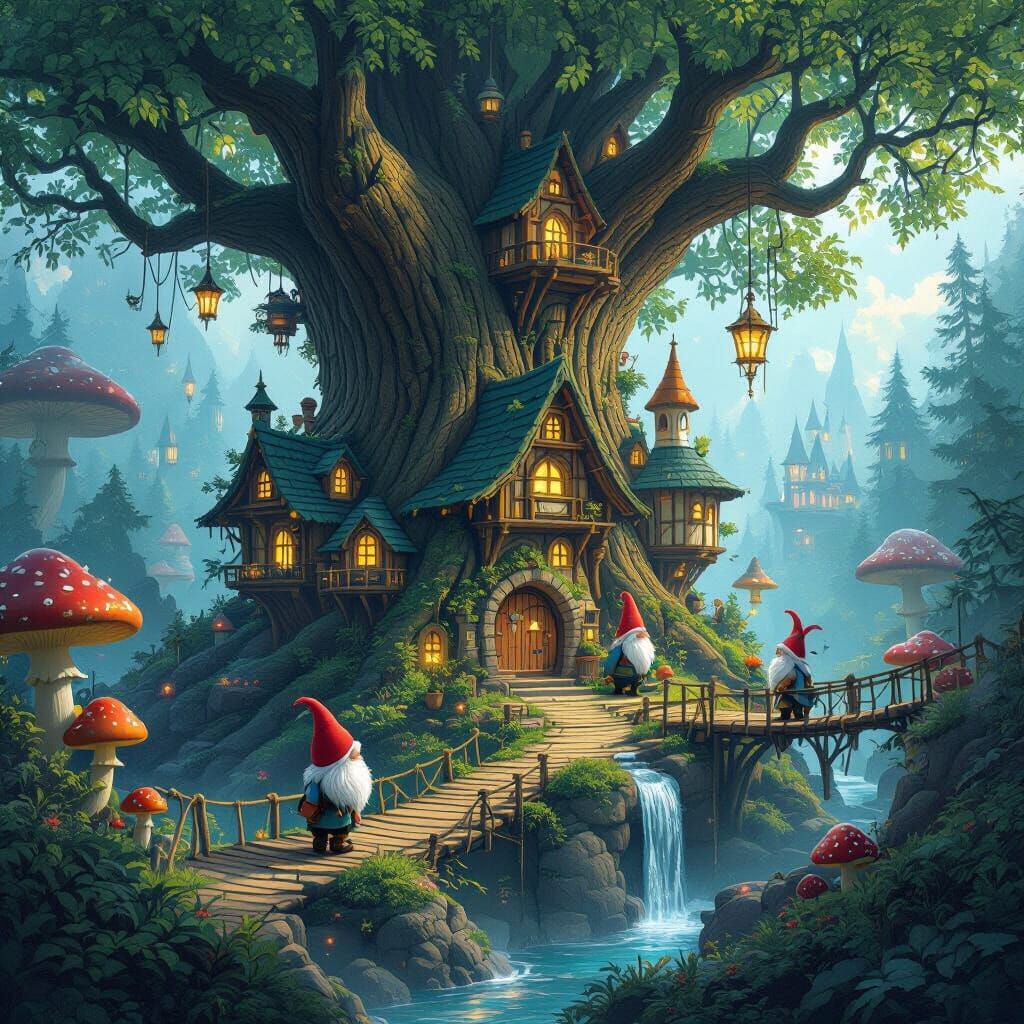 Enchanting Gnome City in Giant Tree, Matte Painting