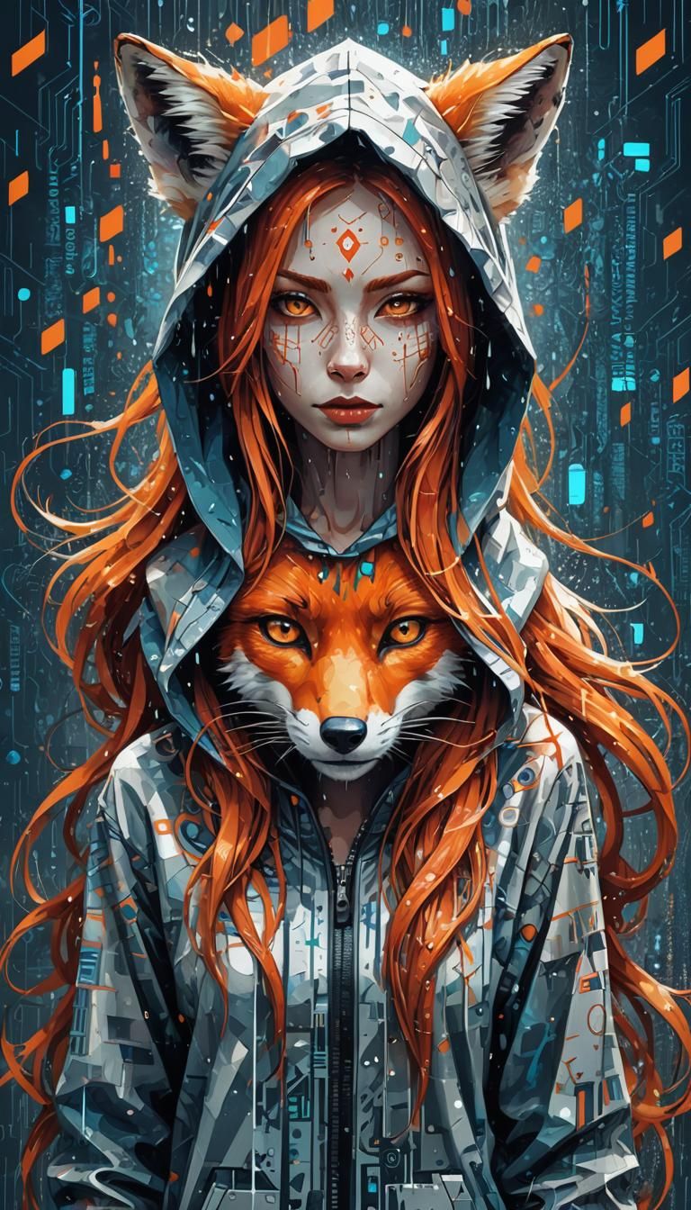 Fox Woman in Matrix-Style Digital World