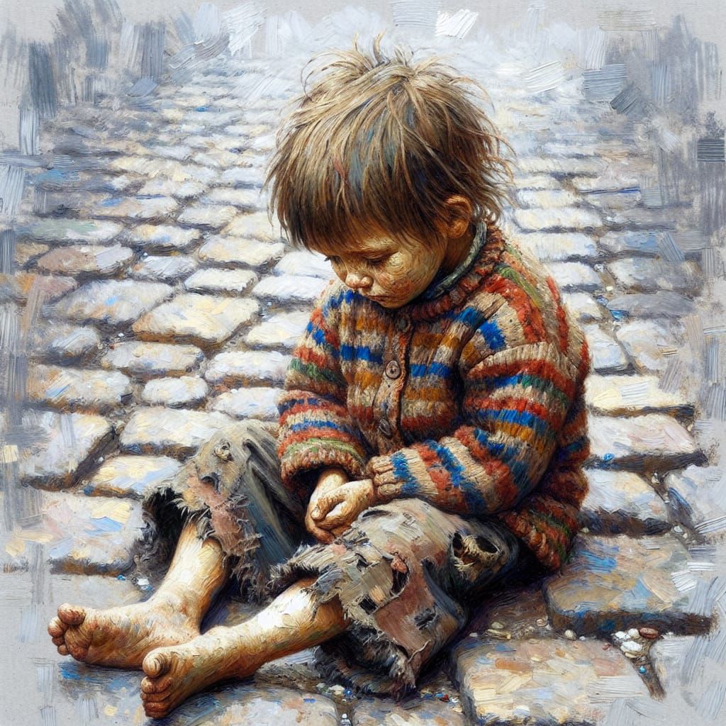 Sad Girl on Cobblestones in Impasto Style