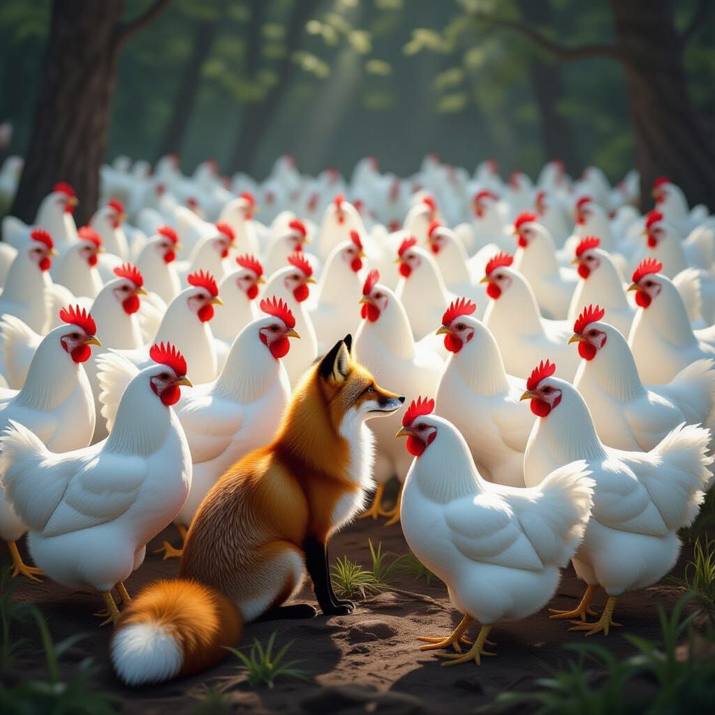 White Hens and Red Fox in Hyperrealistic Digital Painting