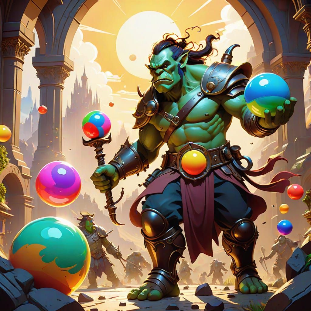 Vibrant Orc Warriors Engage in Colorful Battle Under Bright....