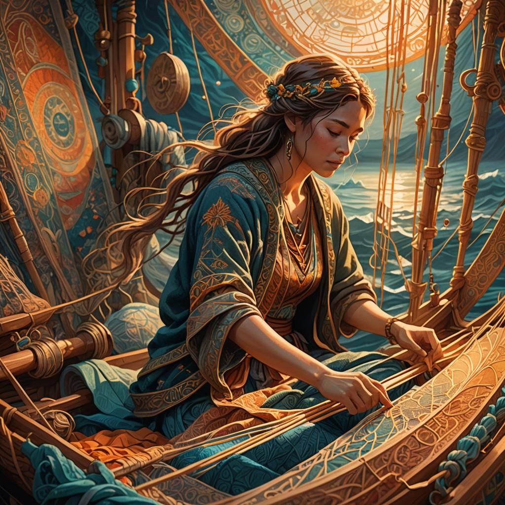 Woman Weaving Tapestry Boat in Art Nouveau Style