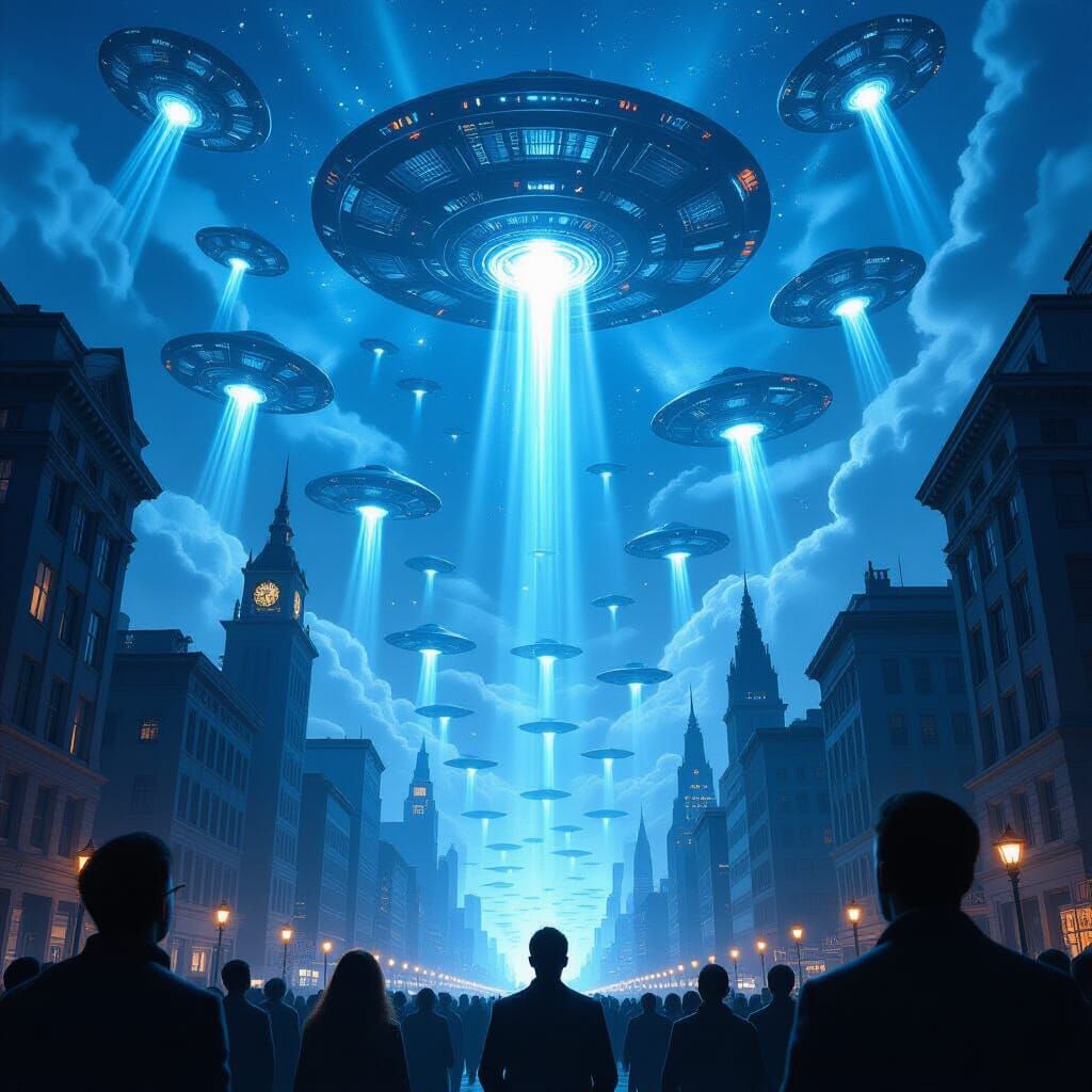 Alien Invasion Over Metropolis in Hyperrealistic Style
