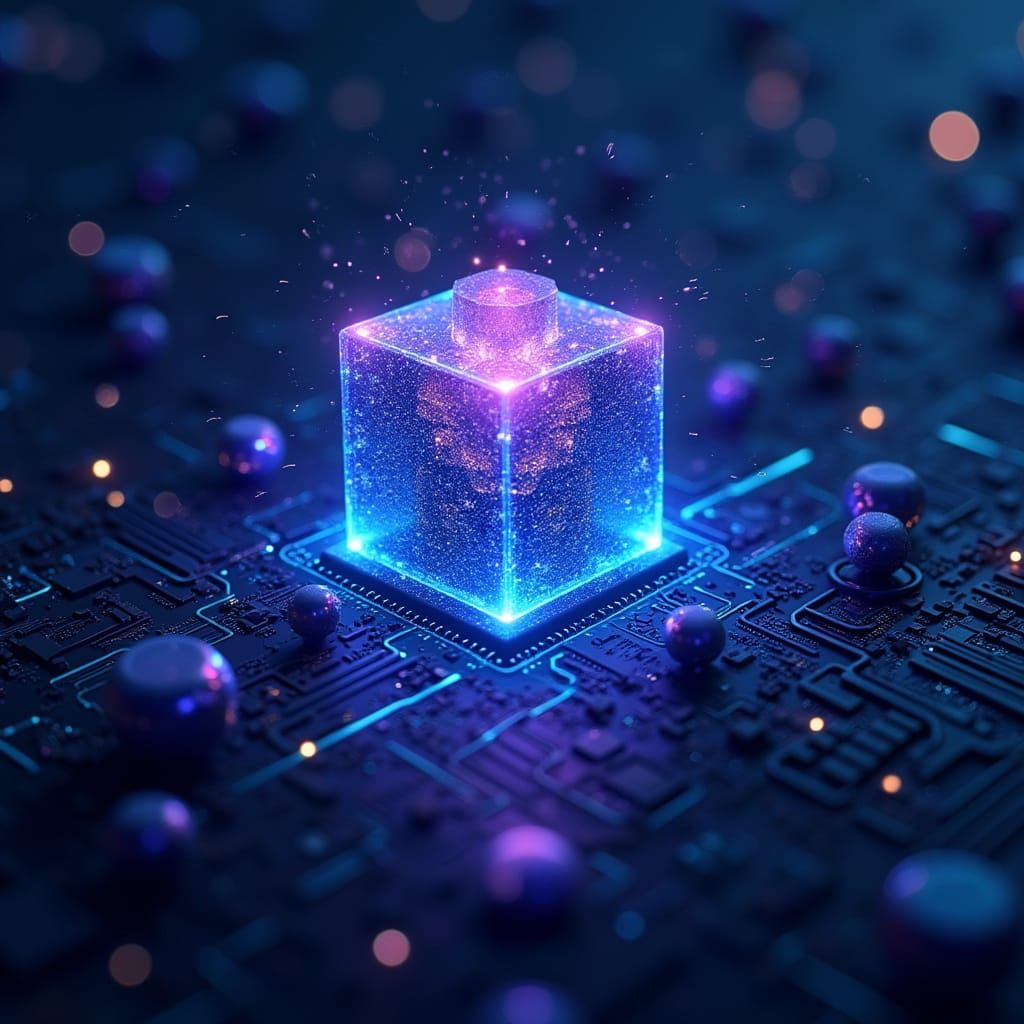 Quantum Computer Core with Orbiting Spheres in Cyberpunk Sty...