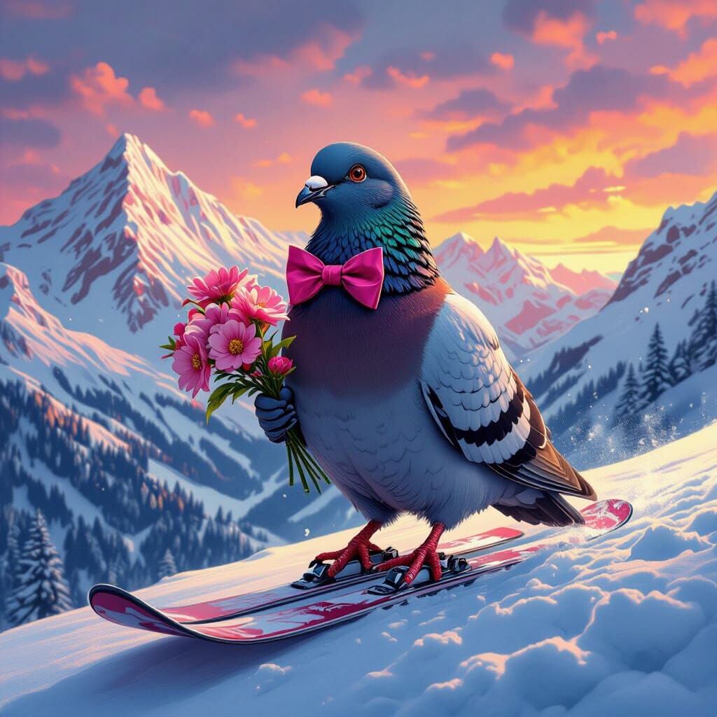 Pigeon Skier with Flowers in Fantasy Art Style