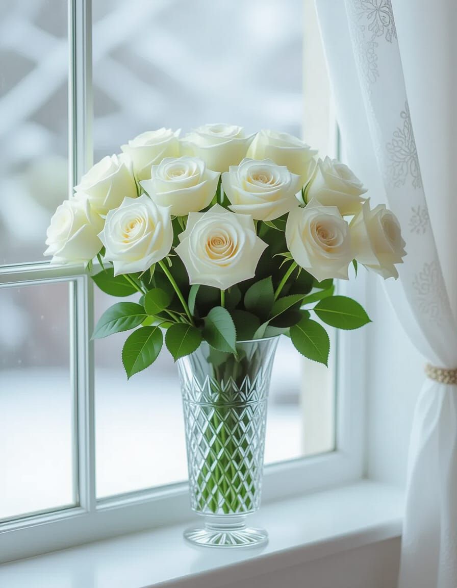 White Roses in Crystal Vase: Serene Winter Scene