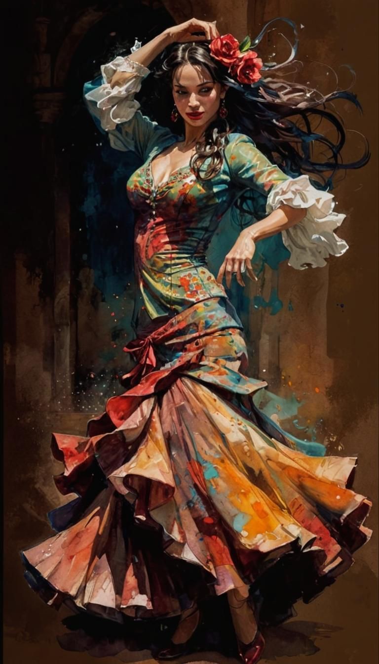 Flamenco Dancer in Watercolor Comic Book Art