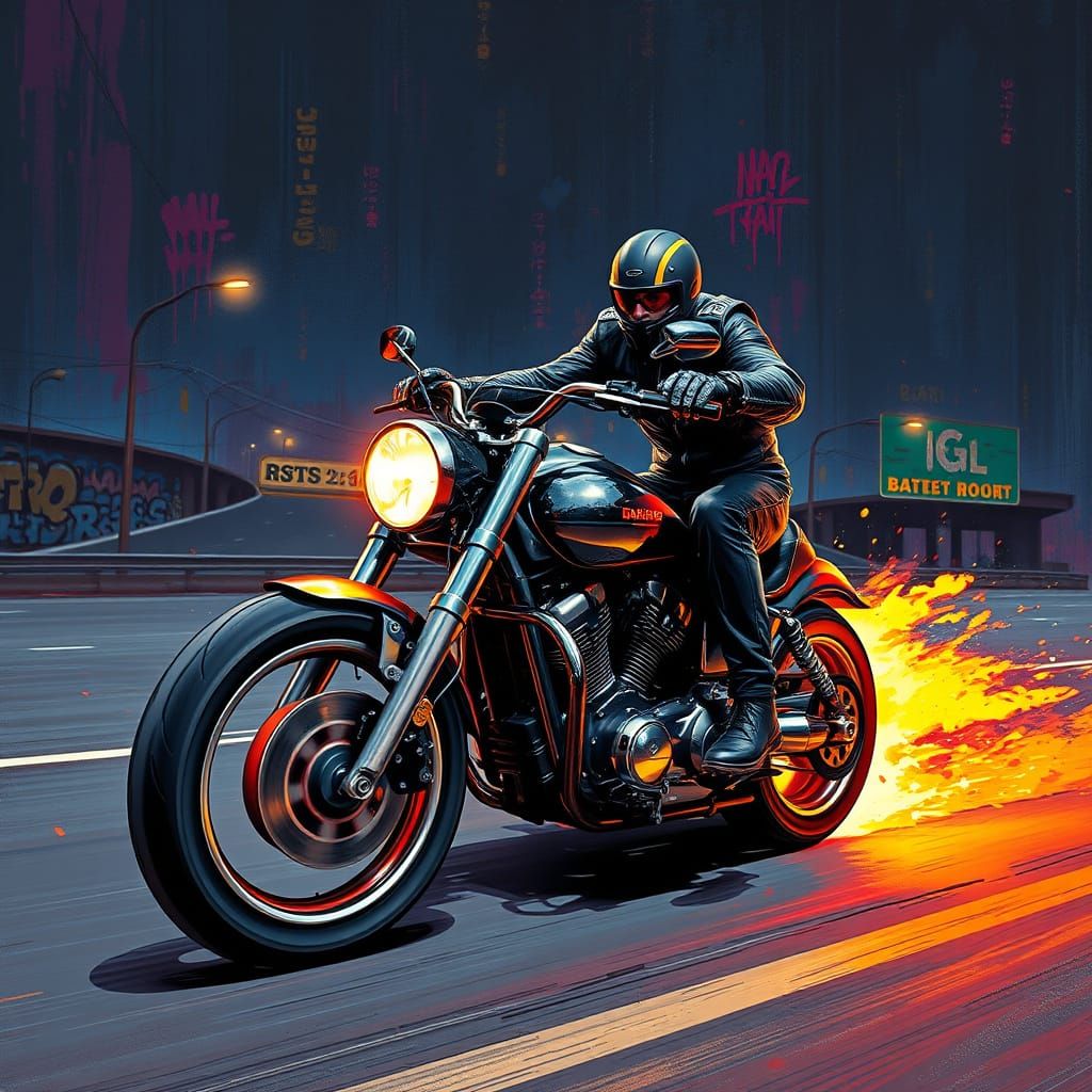Gritty Biker Speeds Down Neon-Lit Highway at Night