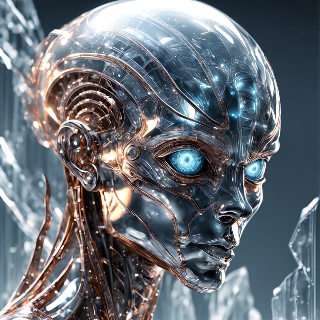 Transparent Cyborg Alien Head on Reflective Ice
