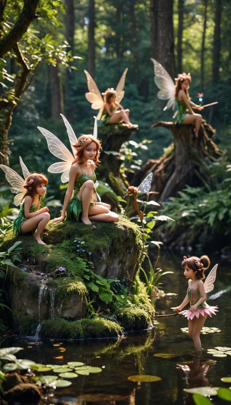 (PROFESSIONAL PHOTOGRAPHY BOKEH SHARP FOCUS CLOSEUP OF BEAUTIFUL MAGICAL MISCHIEVOUSLY SMIRKING FAIRIES OF MAGICAL MYSTI...