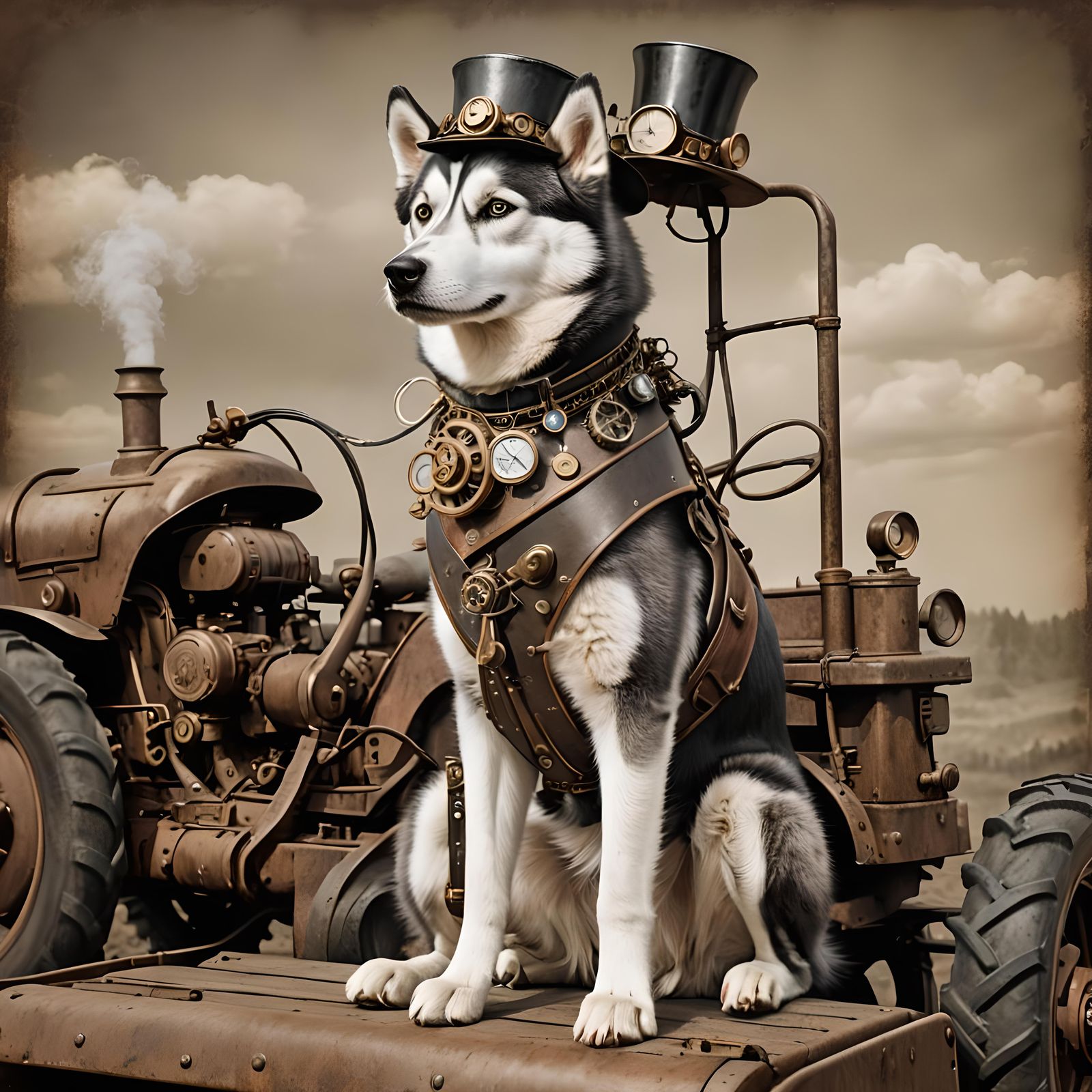 Steampunk Husky on Tractor in Anthropomorphic Style