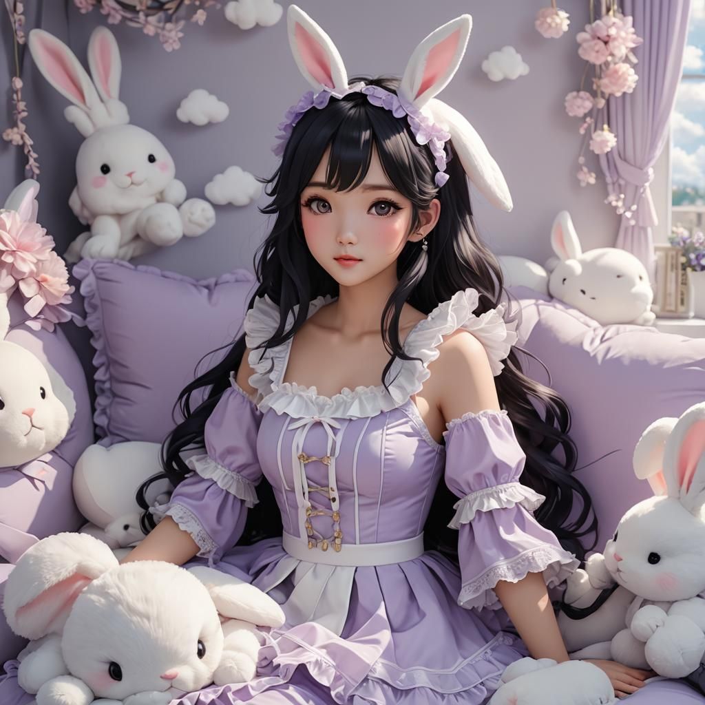 Anime Girl in Princess Outfit with Bunny Ears