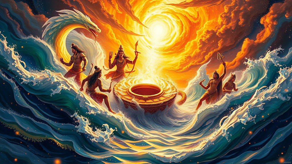 Cosmic Struggle: Gods and Demons Churning the Ocean
