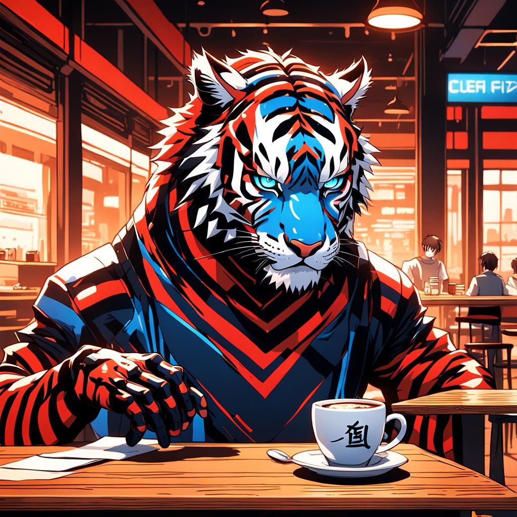 Tiger Humanoid in Cafe: 3D Anime Concept Art