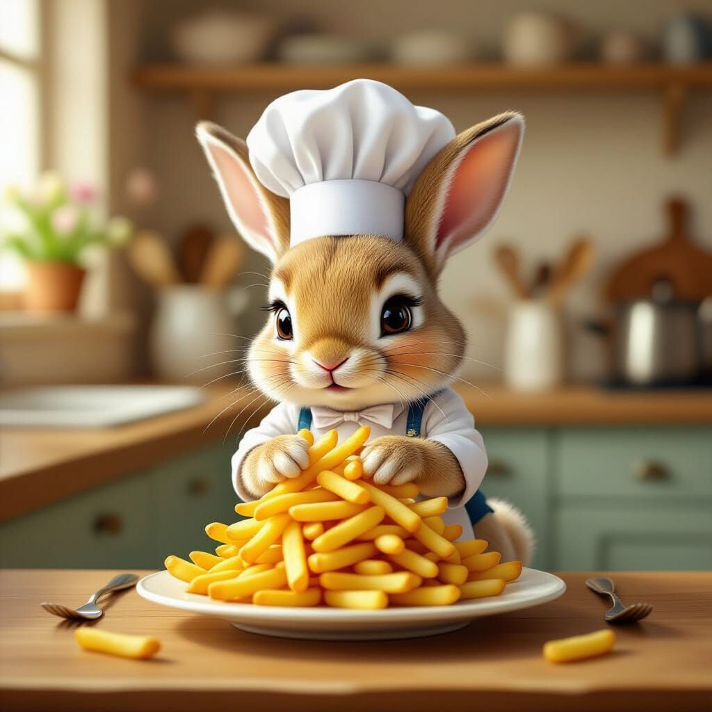 Anthropomorphic Rabbit Chef Arranging Fries in Cozy Kitchen