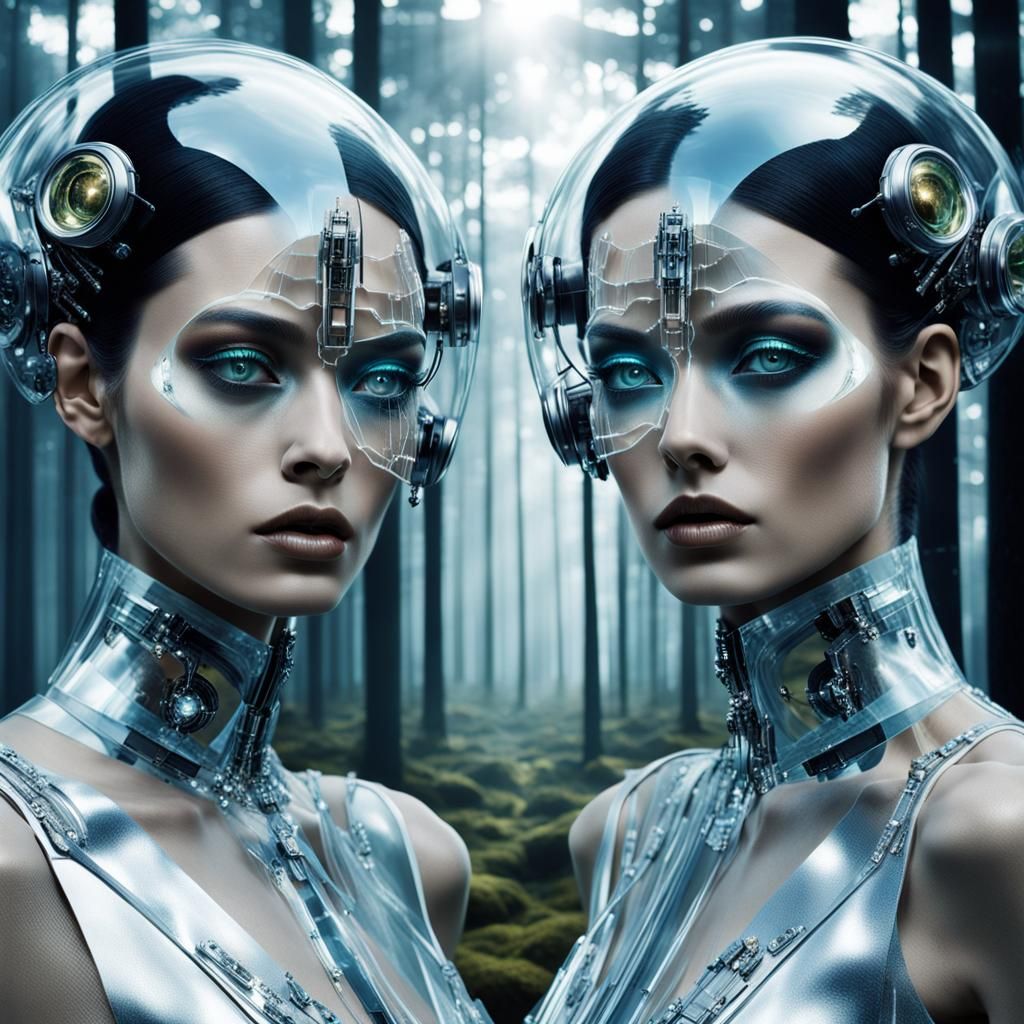 Cyborg Women in Futuristic Vogue Double Exposure