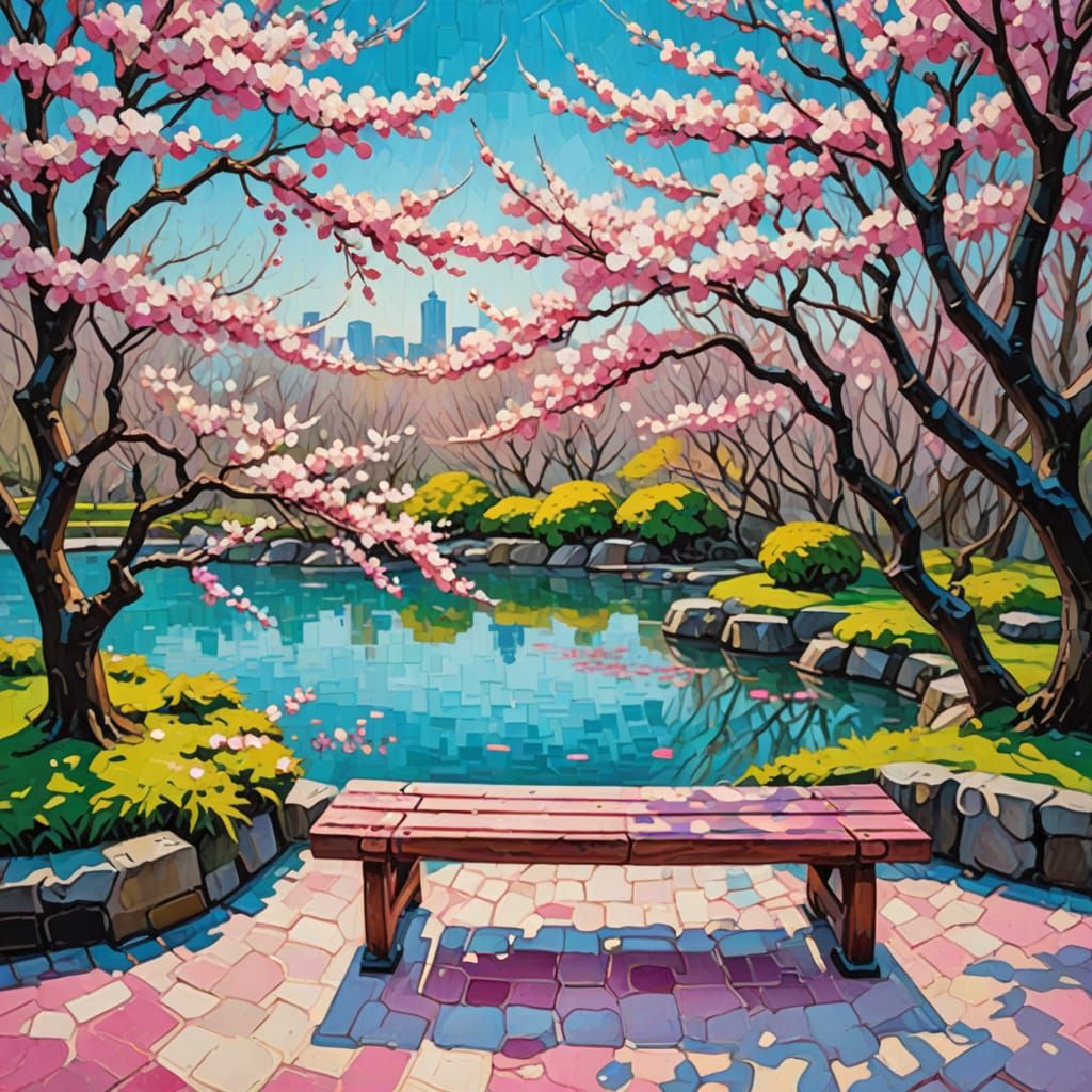 Cherry Blossoms in Japanese Garden, Abstract Oil Painting