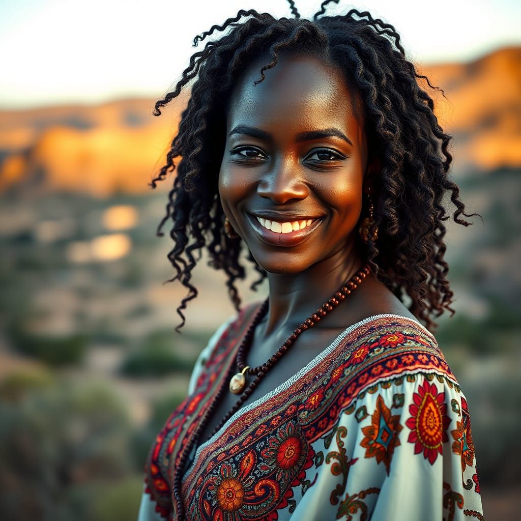 Smiling Woman in Gypsy Dress, Andalusia Landscape