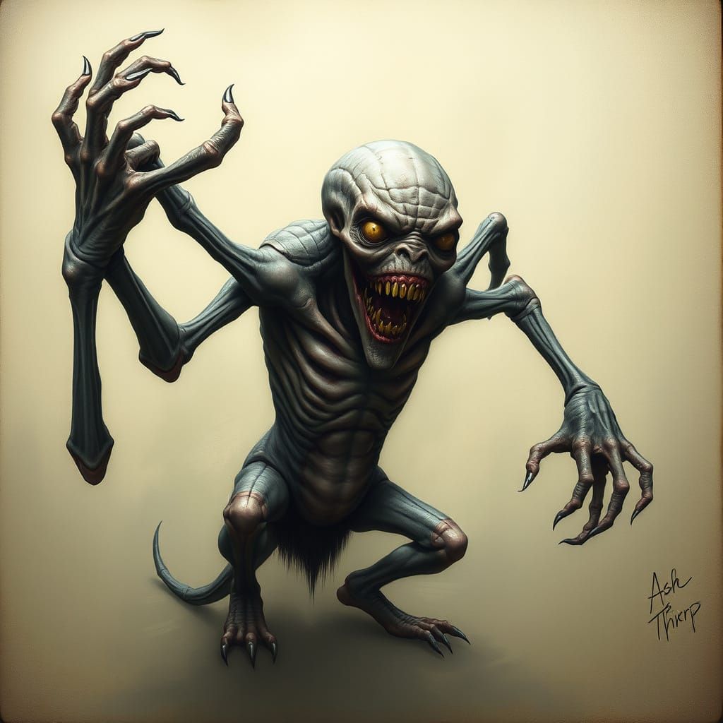 Grotesque Malformed Creature in Surreal Horror Style