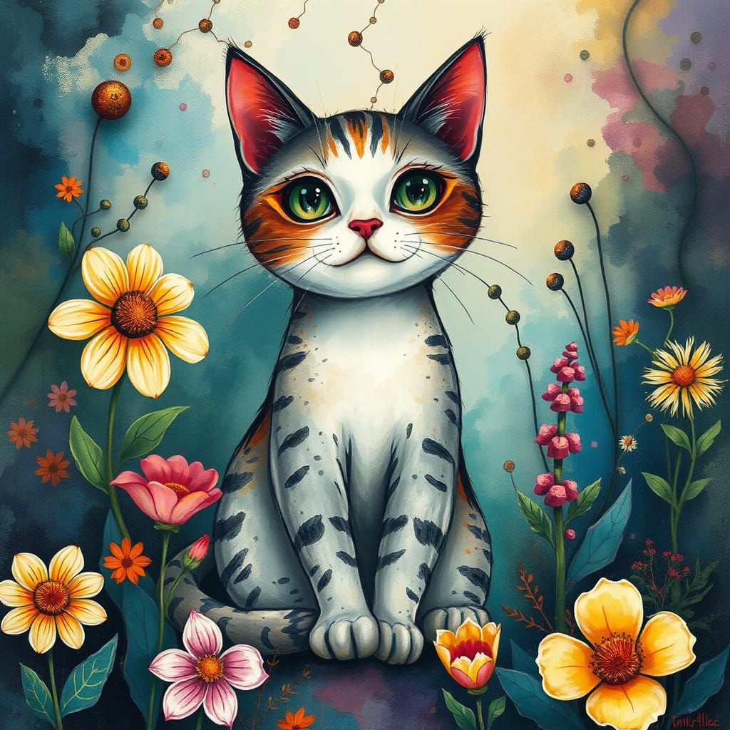 Whimsical Feline in a Vibrant Nucleotide Landscape