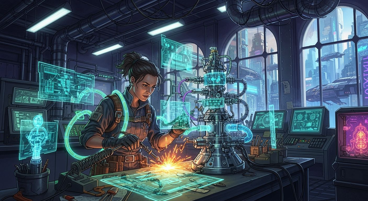 Inventor Crafts Device in Futuristic Lab, Vivid Art