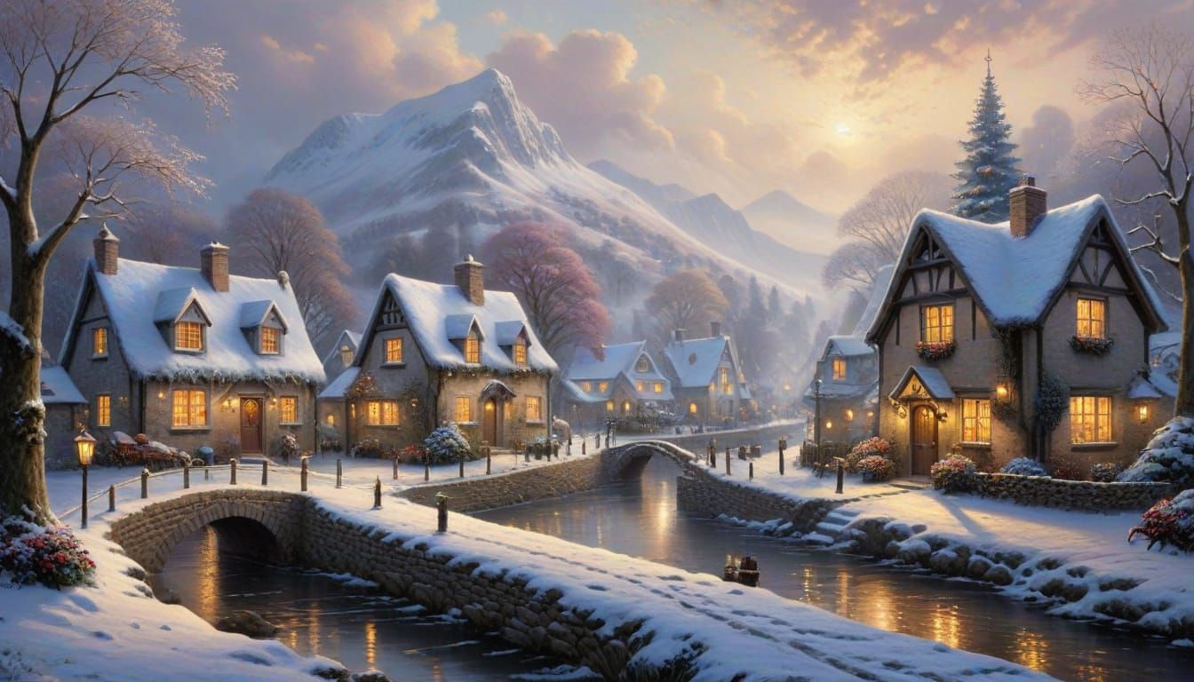 Quaint English Village in Winter with Christmas Decorations