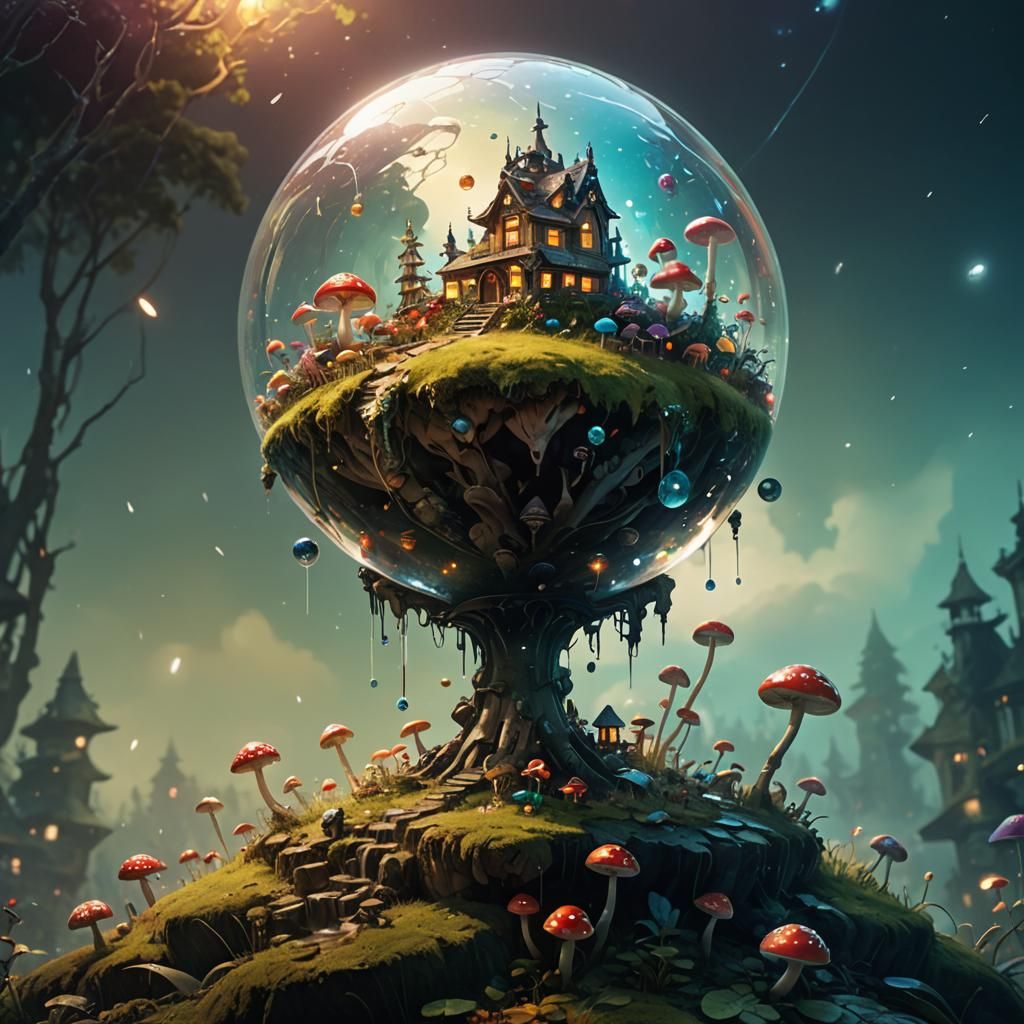 Glass Orb Over Mushroom Wonderland in Surreal Style