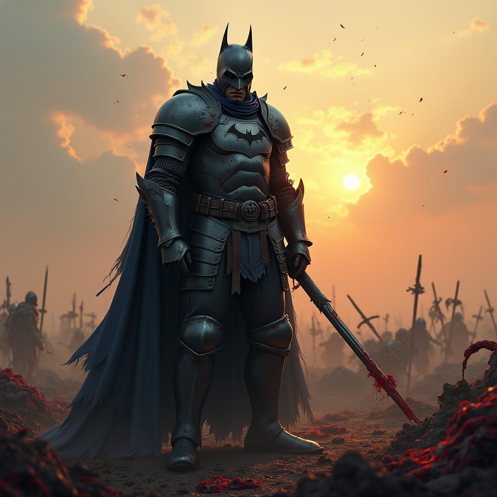 Dark Fantasy Knight Batman Amidst Battle Wreckage