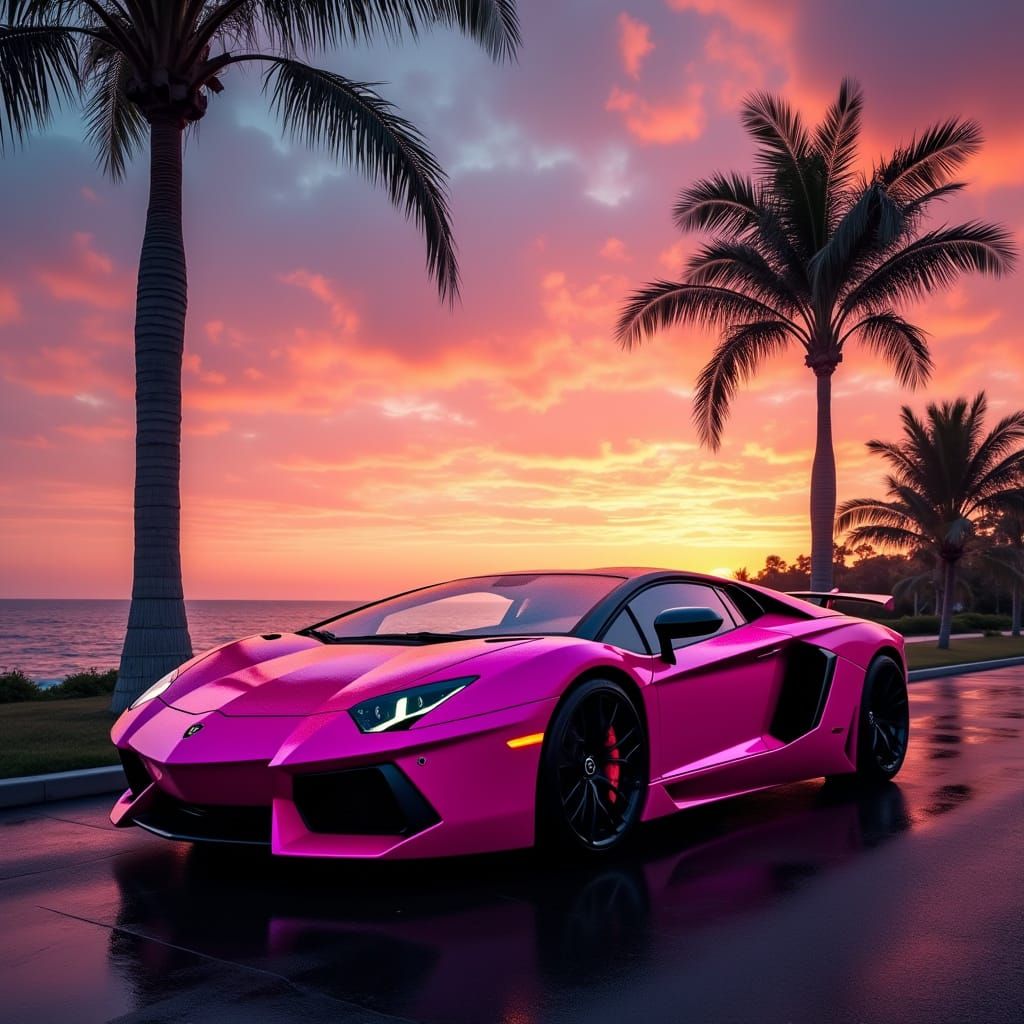 Pink Lamborghini on Coastal Road at Sunset