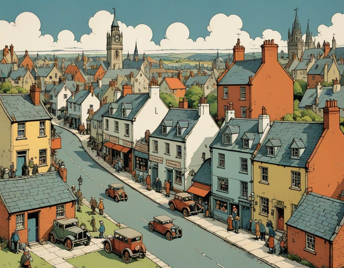 Quaint 1930s English Cityscape in Humorous Illustration Styl...