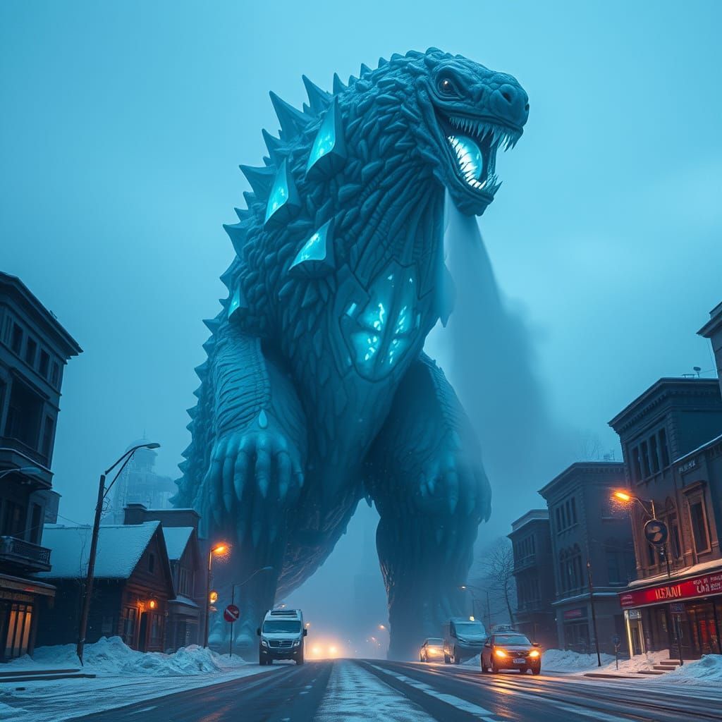 Icy Kaiju in Snowy Cyberpunk Cityscape