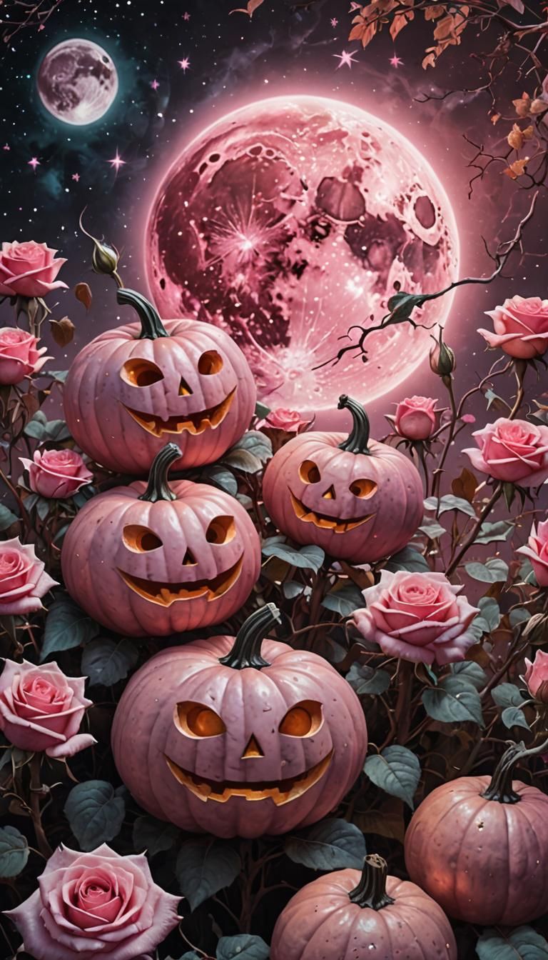 Holographic Halloween Pumpkins and Roses Illustration