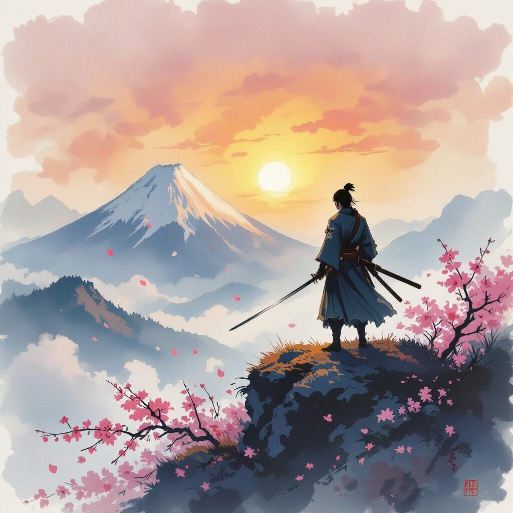 Samurai on Windswept Mountain in Anime Ink Wash Style