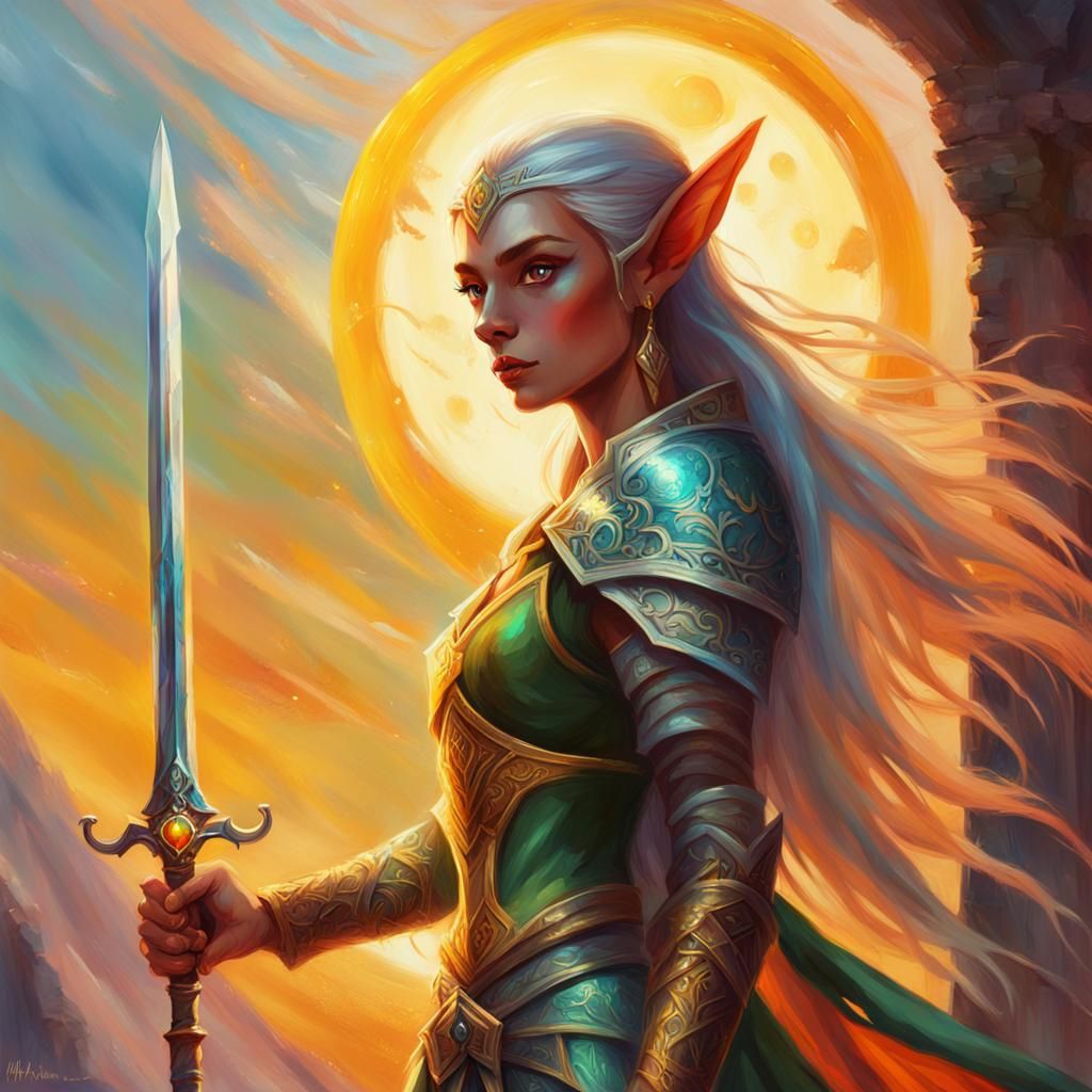 Elf with Gleaming Sword Hilt in Sunlight