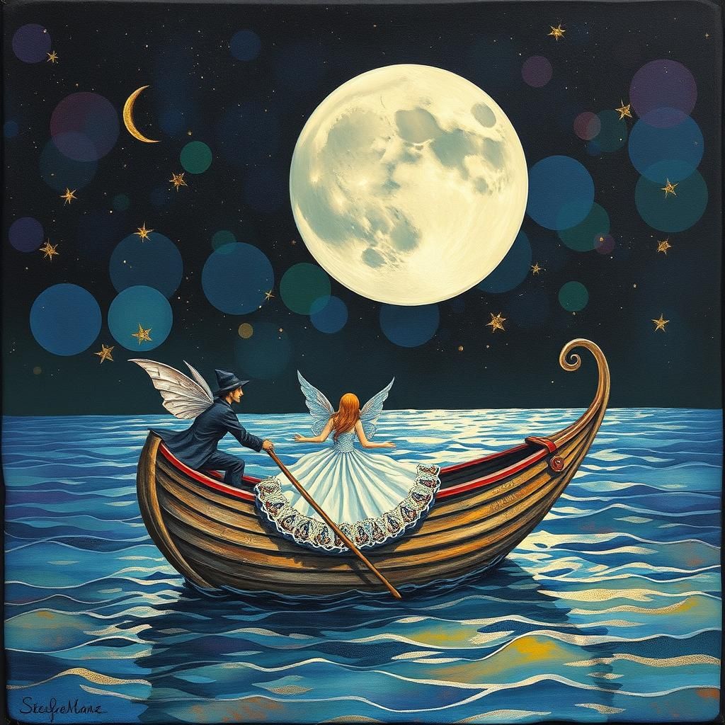 Magical Moonrise: Pixie Couple on Whimsical Boat