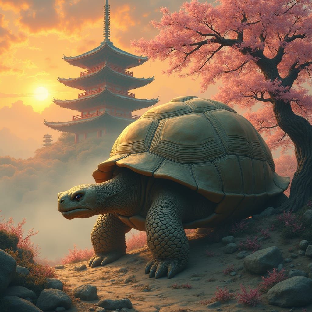 Ancient Tortoise Guarding Pagoda in Sunset Light