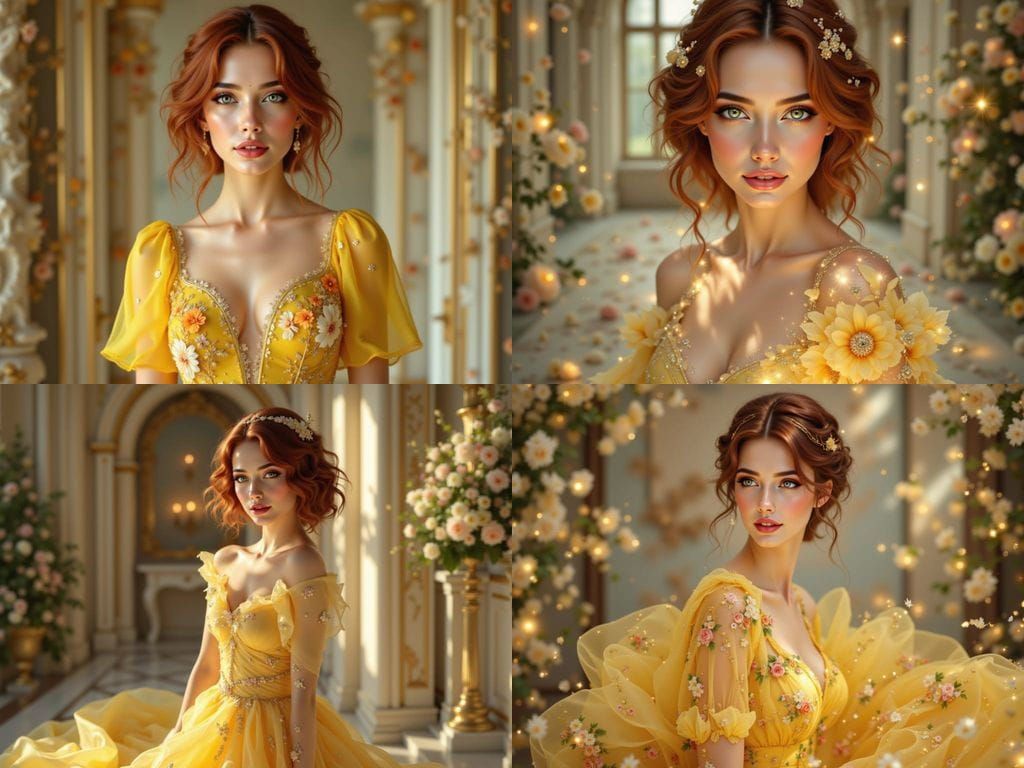 Realistic Woman in Yellow Floral Wedding Guest Dress