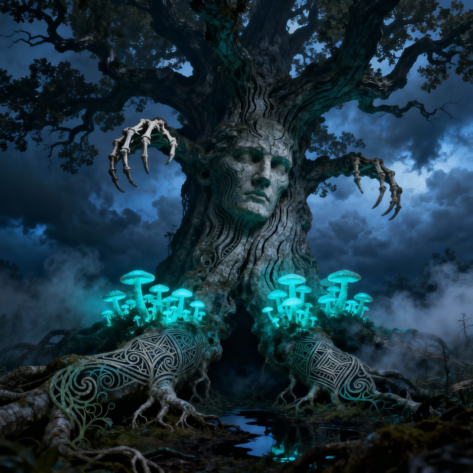 Ancient Oak Tree in Stormy Enchanted Forest