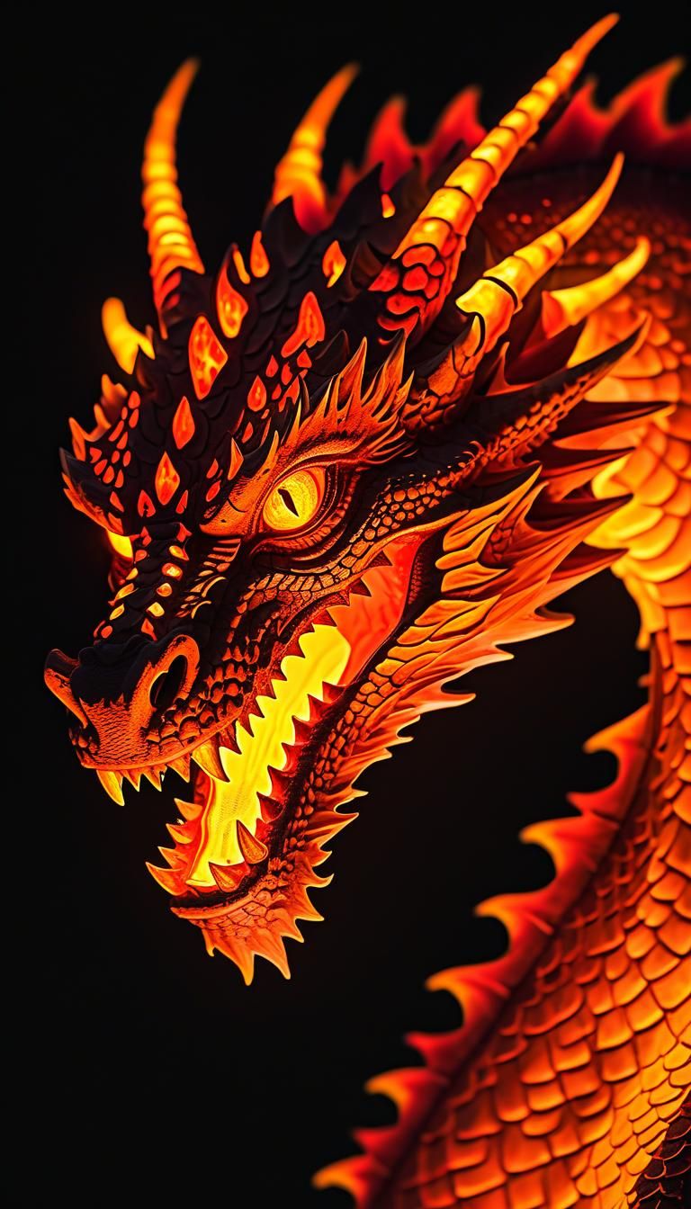 Fiery Dragon Portrait with Fluorescent Fireflies