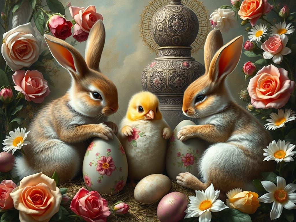 Bunnies Decorating Easter Eggs in Renaissance Style