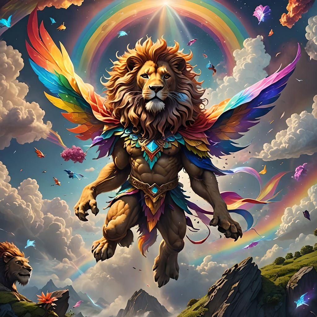 Fairy-Lion Soaring with Rainbow Cloud Fractals