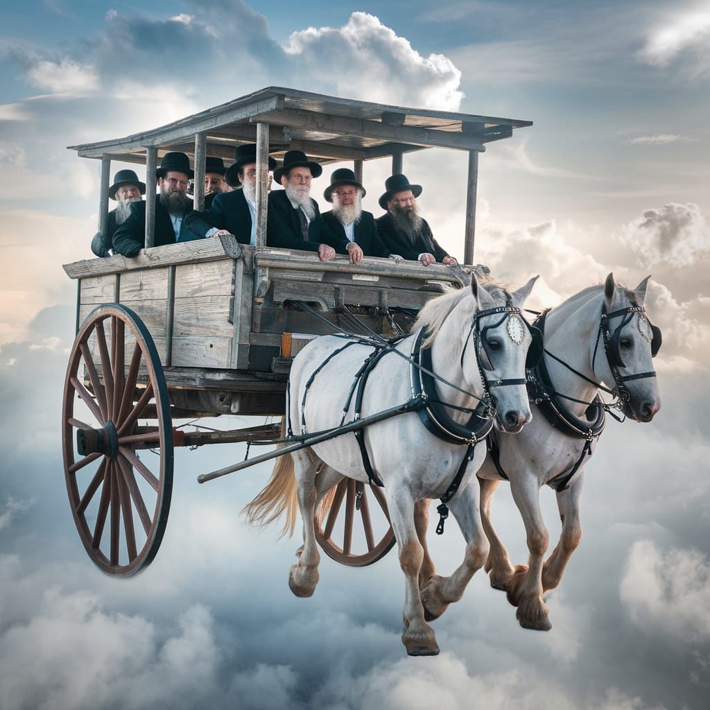 Hasidic Jews Float Through Cloudy Sky in Horse-Drawn Cart