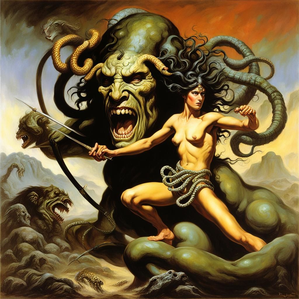 Medusa Faces Perseus in Heroic Fantasy Style