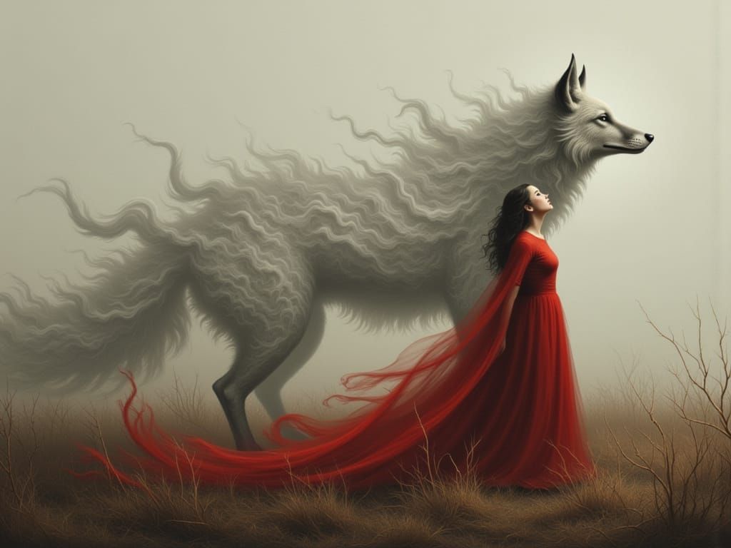 Woman in Red Dress Singing in Tundra, Breath Forms Fox