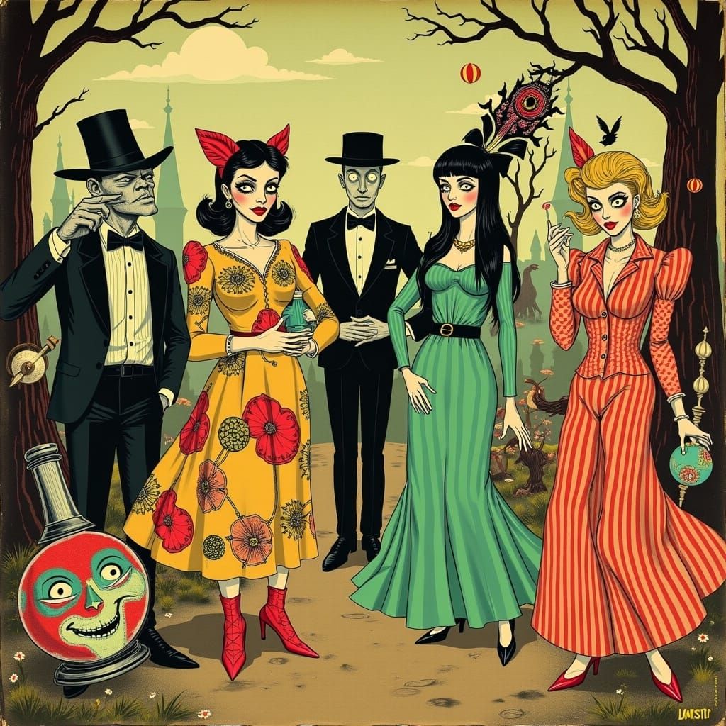 Groovy Fantasy Marketplace with Creatures in Bright Suits