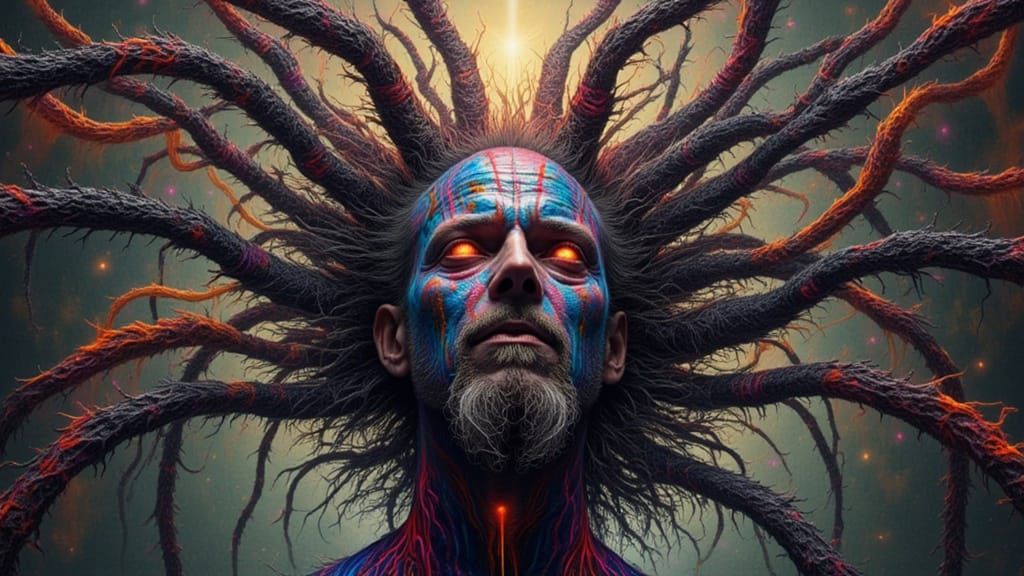 Biomechanical Android Man with Fractal Face in Dark Fantasy