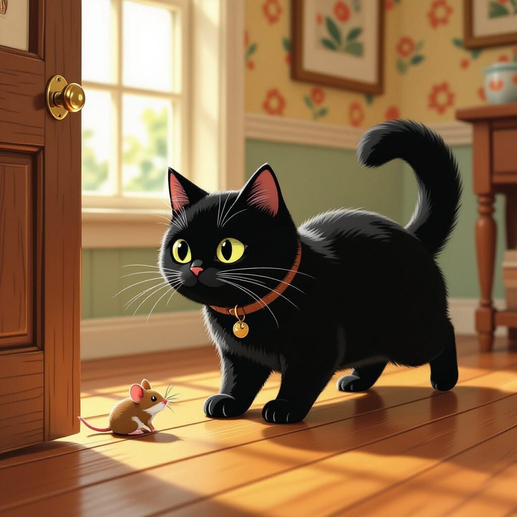 Giant Black Cat Chasing Mouse, Children's Illustration